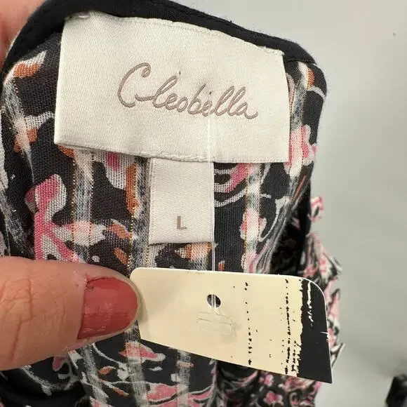 CLEOBELLA NWT Evereve Brynlee Black Pink Org Cotton Metallic Print Blouse // L - Picture 15 of 16